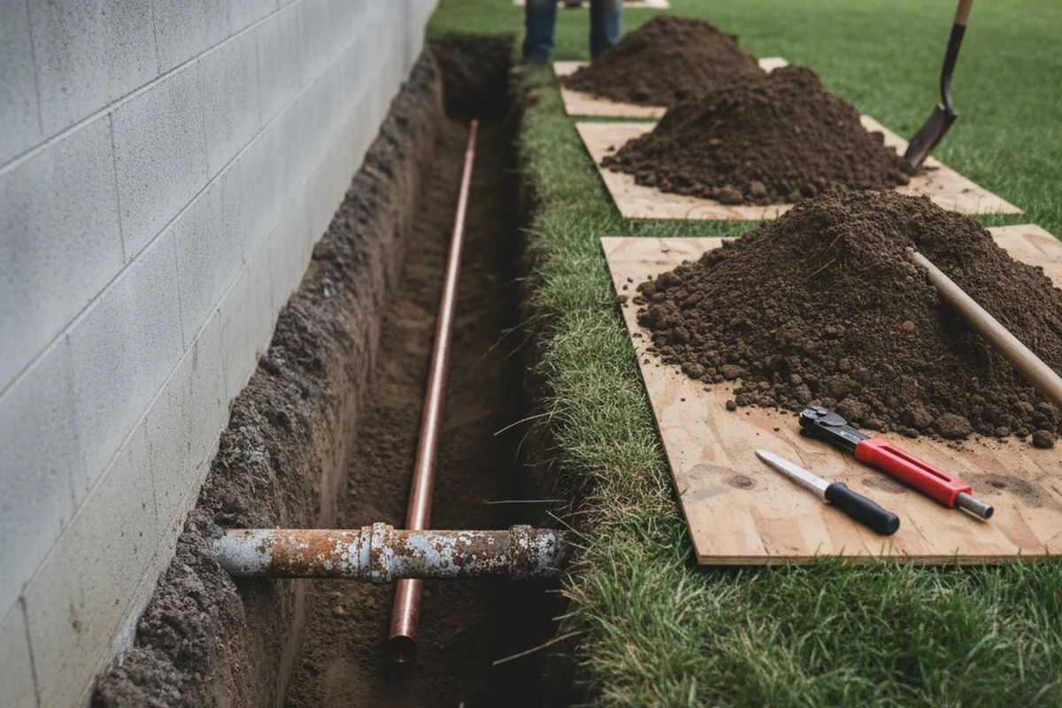 Excavated water line trench during Water Heater Repair in Immokalee